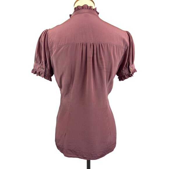Y2K Ruffle Button Up Blouse Womens S Short Puff Sleeves Mauve Mandarin Collar - Picture 3 of 13
